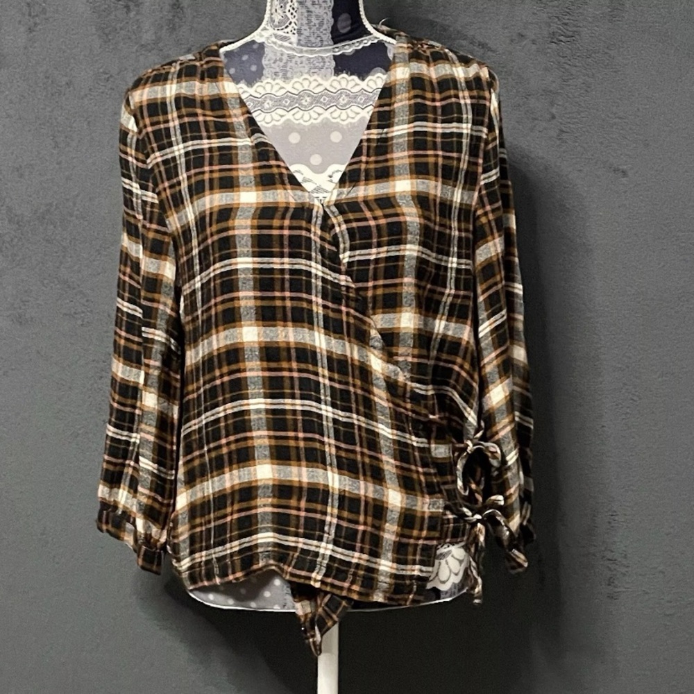 Madewell Wrap Blouse Womens M Orange Black Plaid V-Neck Tie Front 3/4 Sleeve Top